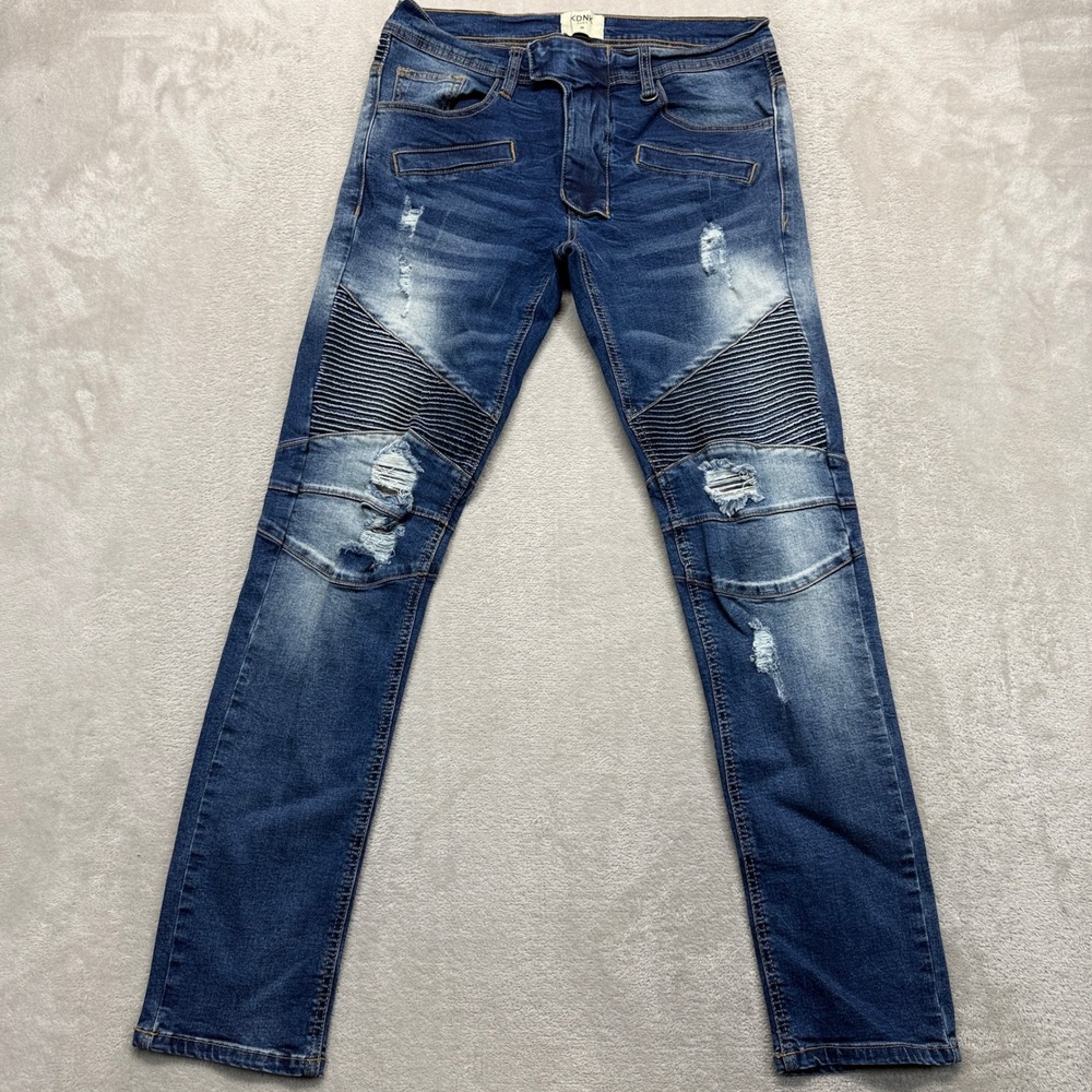 KDNK Jeans Mens 30x30 Blue Distressed Moto‎ Slim Fit Streetwear Stretch Denim